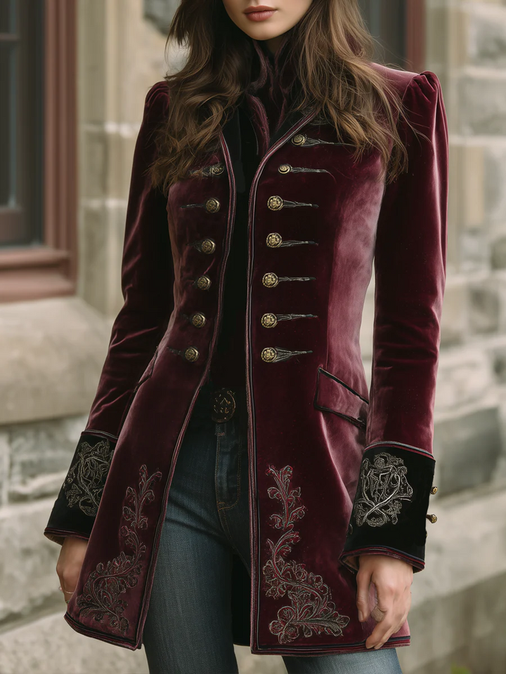 Women’s Vintage Contrast Trim Embroidered Coat