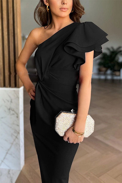 Women’s Off Shoulder Ruffle Sleeve Slit Midi Dress
