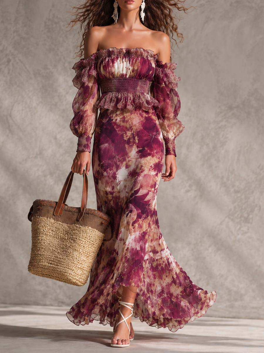 Women’s Rose Pink Off-Shoulder Floral Maxi Dress