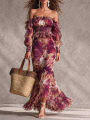 Women’s Rose Pink Off-Shoulder Floral Maxi Dress