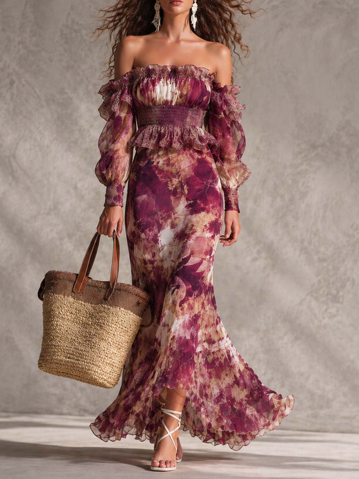 Women’s Rose Pink Off-Shoulder Floral Maxi Dress