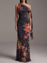 Women’s Black One Shoulder Printed Maxi Dress