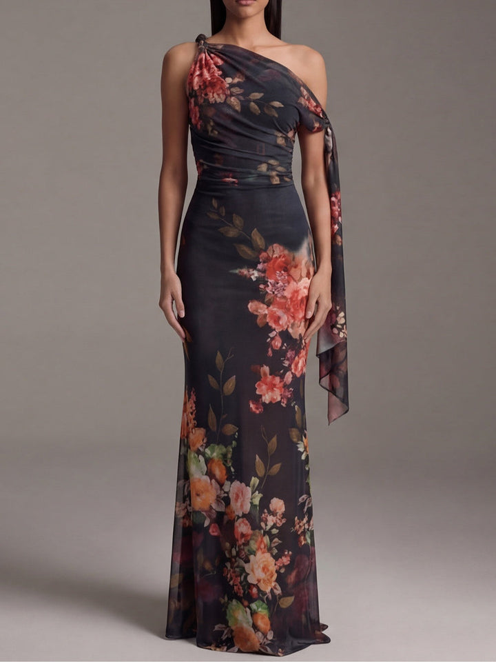 Women’s Black One Shoulder Printed Maxi Dress