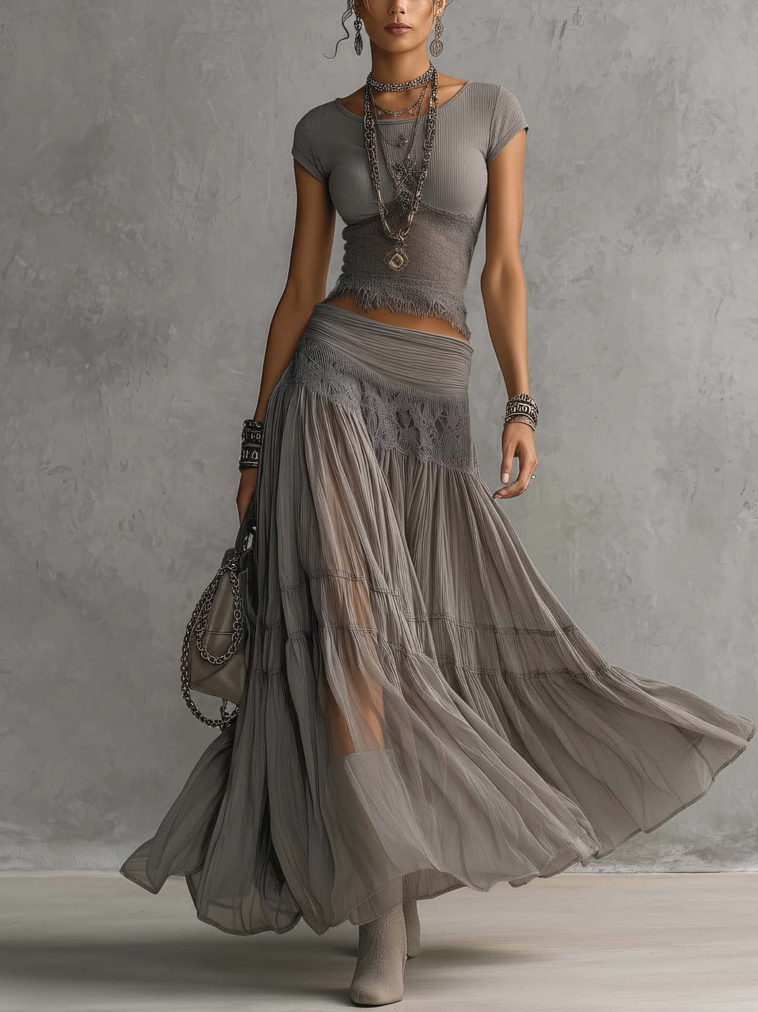 Women’s Grey Sheer Panel Pleated Maxi Top And Skirt Set