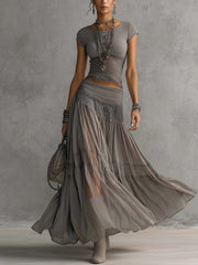 Women’s Grey Sheer Panel Pleated Maxi Top And Skirt Set