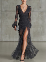 Women’s Ruched Dark Gray Maxi Dress