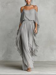 Women’s Grey Off Shoulder Two Piece Camisole And Trousers Set