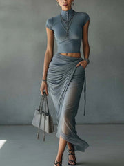 Women’s Blue Crop Top And Sheer Mesh Skirt Set