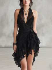 Women’s Black Halter Neck Ruffled Mini Dress