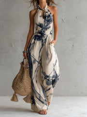 Women’s Halter Neck Wide Leg Printed Jumpsuit With Pockets