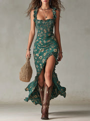 Women’s Boho Printed Ruffle Sleeve Maxi Dress