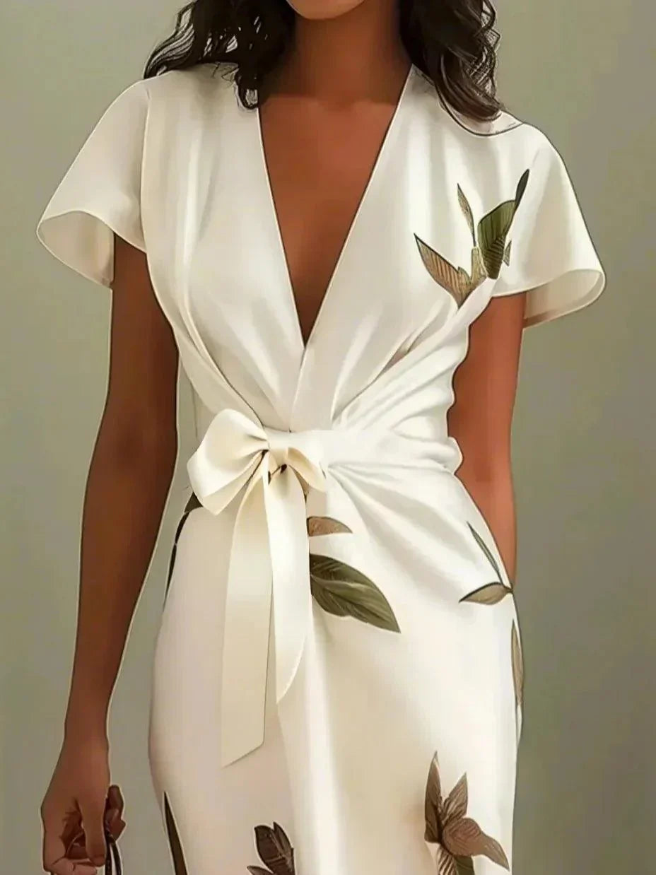 Women’s White Leaf Print Short Sleeve Midi Dress