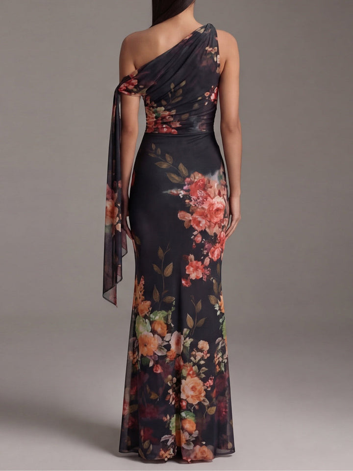 Women’s Black One Shoulder Printed Maxi Dress