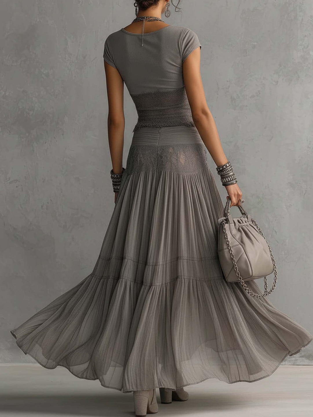 Women’s Grey Sheer Panel Pleated Maxi Top And Skirt Set