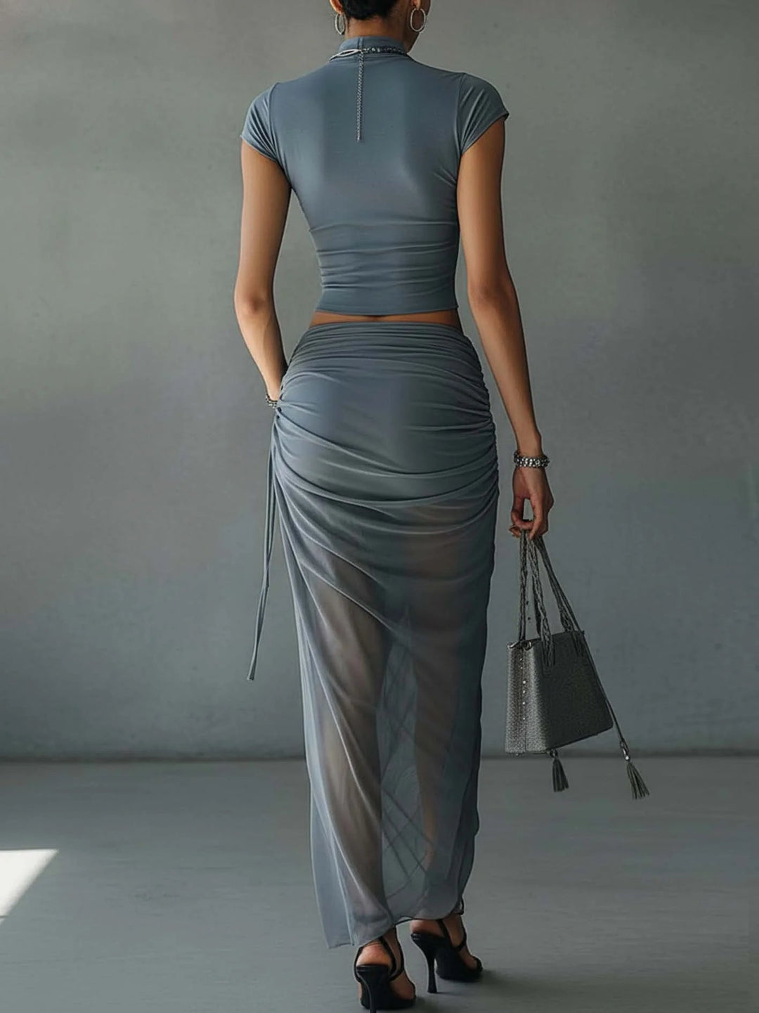 Women’s Blue Crop Top And Sheer Mesh Skirt Set