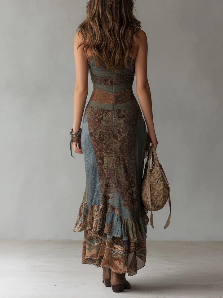 Women’s One-Shoulder Printed Ruffle Slit Maxi Dress