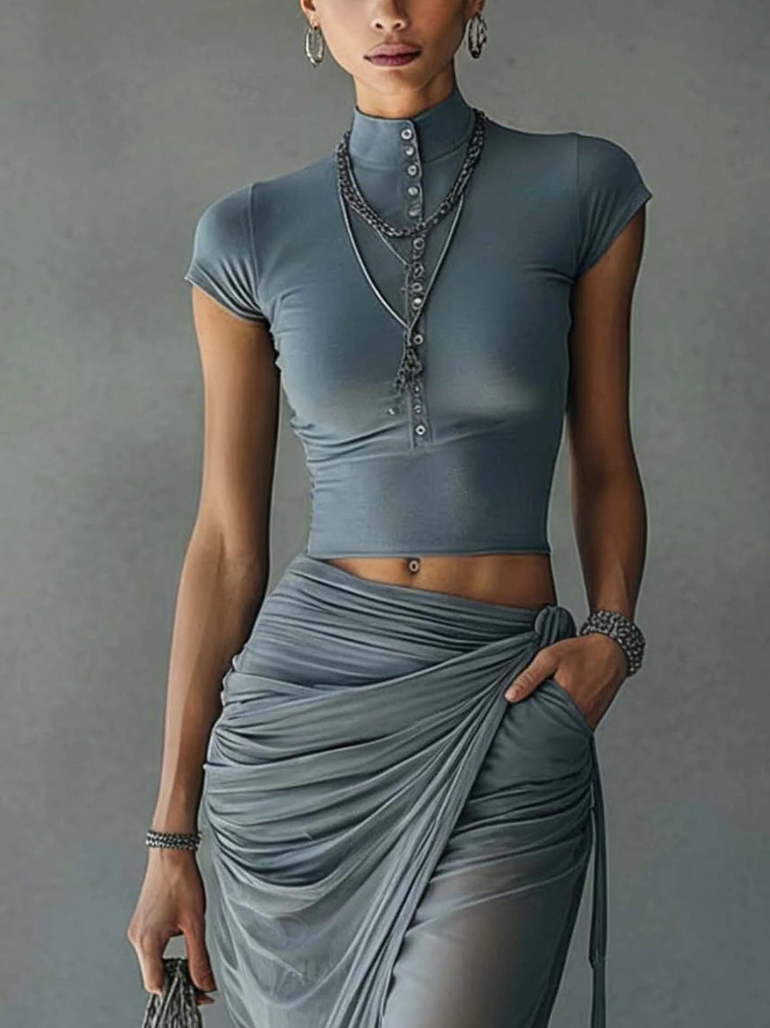 Women’s Blue Crop Top And Sheer Mesh Skirt Set