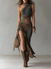 Women’s One-Shoulder Printed High Slit Maxi Dress
