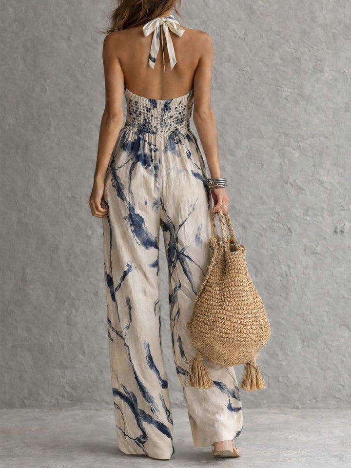 Women’s Halter Neck Wide Leg Printed Jumpsuit With Pockets