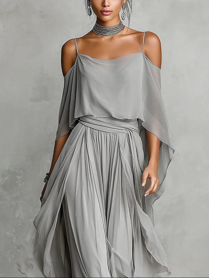Women’s Grey Off Shoulder Two Piece Camisole And Trousers Set