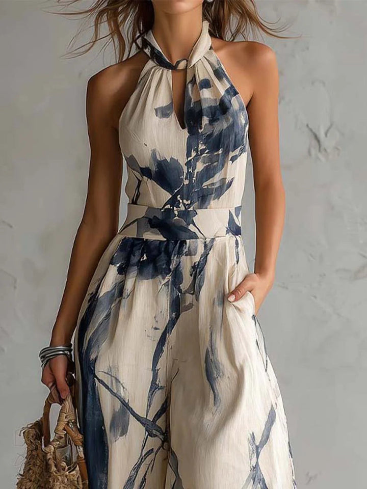 Women’s Halter Neck Wide Leg Printed Jumpsuit With Pockets