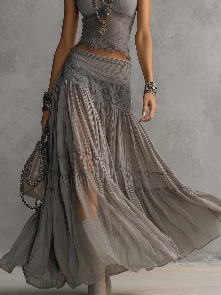 Women’s Grey Sheer Panel Pleated Maxi Top And Skirt Set