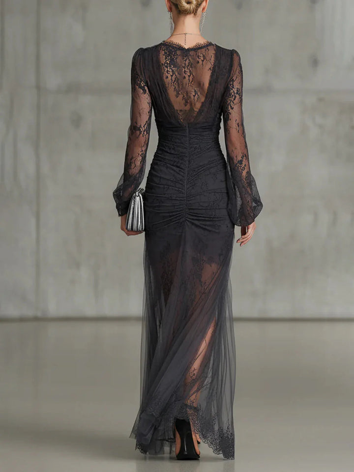 Women’s Dark Grey Ruched Long Sleeve Slit Maxi Dress