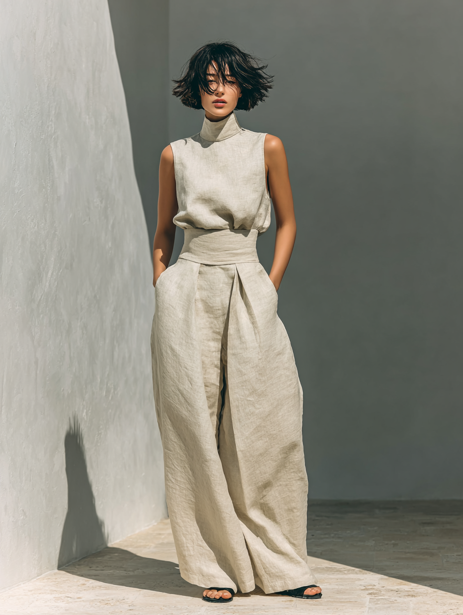 Women’s Minimalist Sleeveless Two-Piece Blouse And Wide-Leg Pants Set