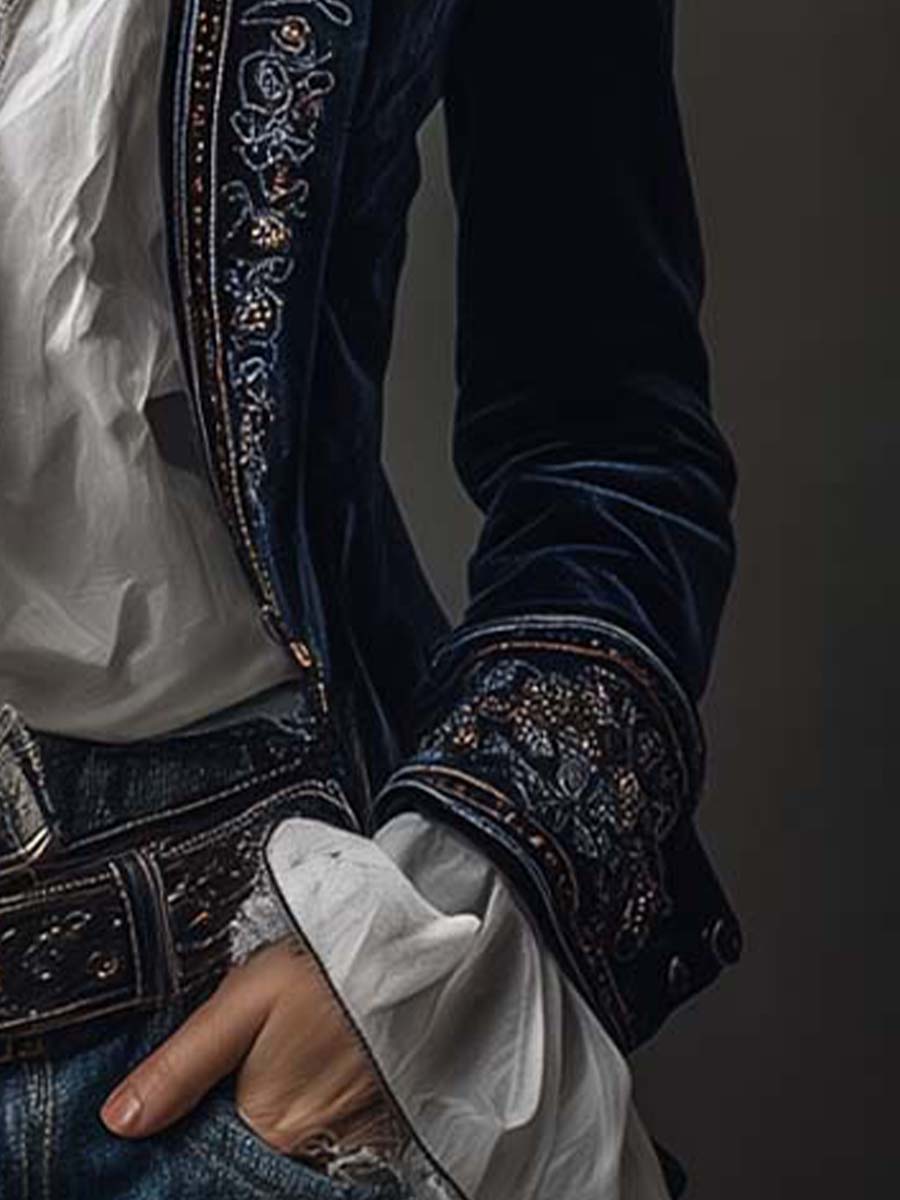 Women’s Vintage Navy Embroidered Long Jacket
