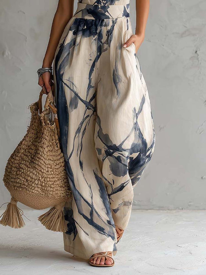 Women’s Halter Neck Wide Leg Printed Jumpsuit With Pockets