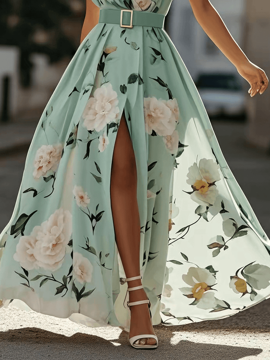 Women’s Light Green Floral One-Shoulder Maxi Dress