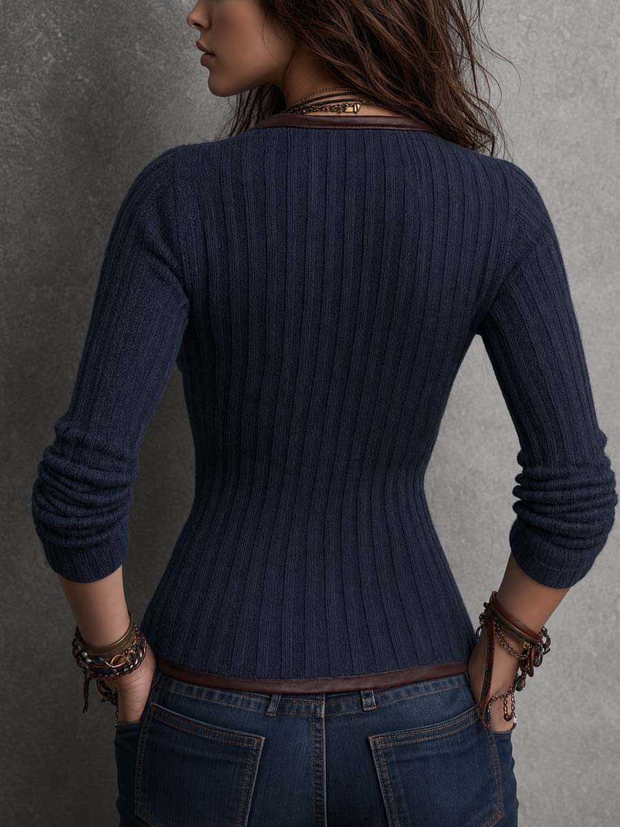 Women’s Asymmetrical Zip Contrast Trim Knit Jacket