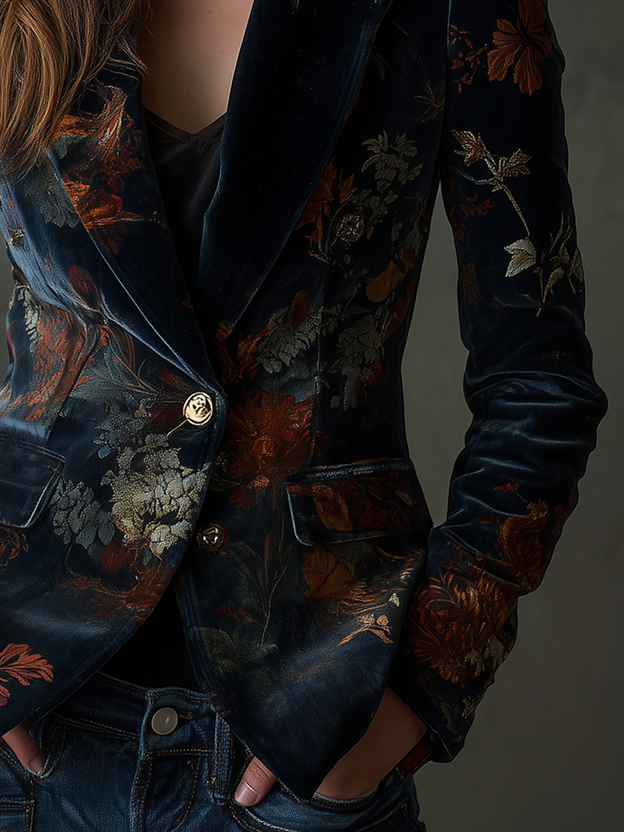 Women’s Vintage Floral Print Metal Button Blazer