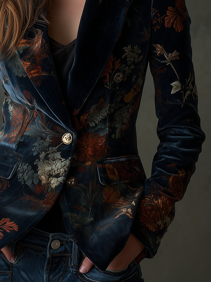 Women’s Vintage Floral Print Metal Button Blazer