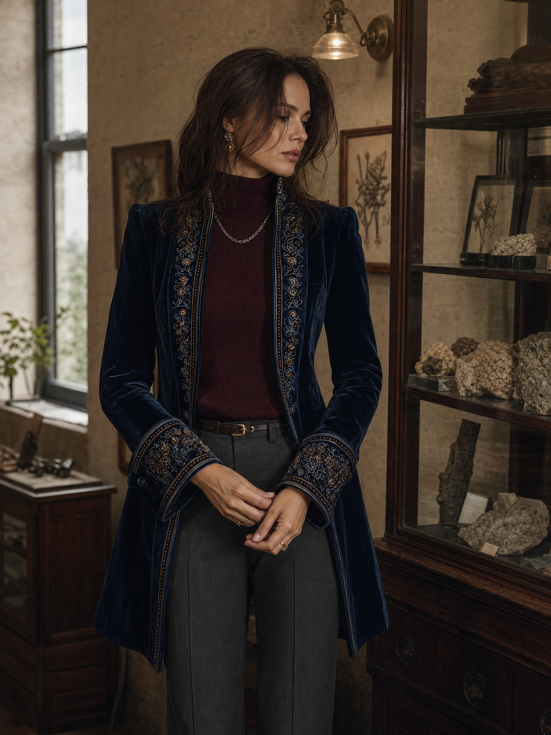 Women’s Vintage Navy Embroidered Long Jacket