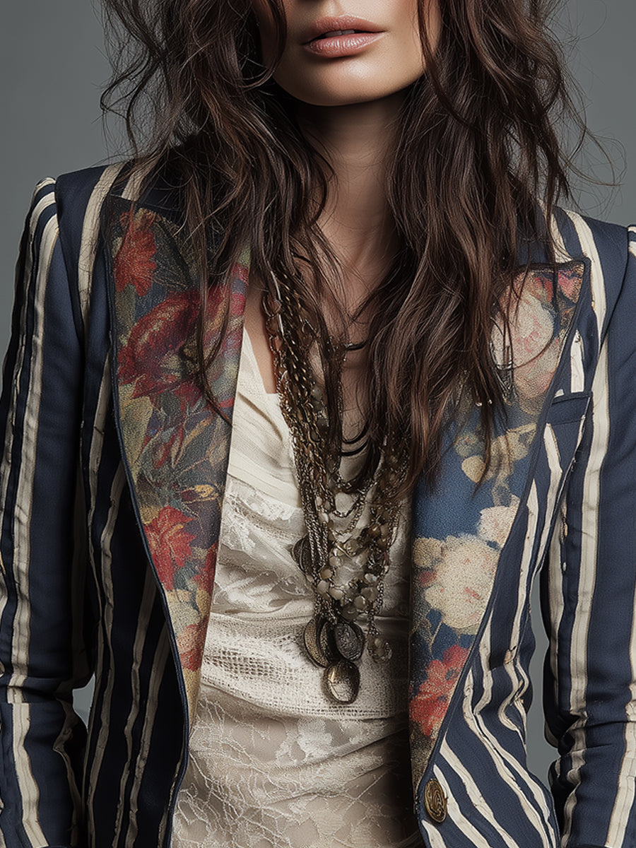 Women’s Boho Floral Striped Blazer