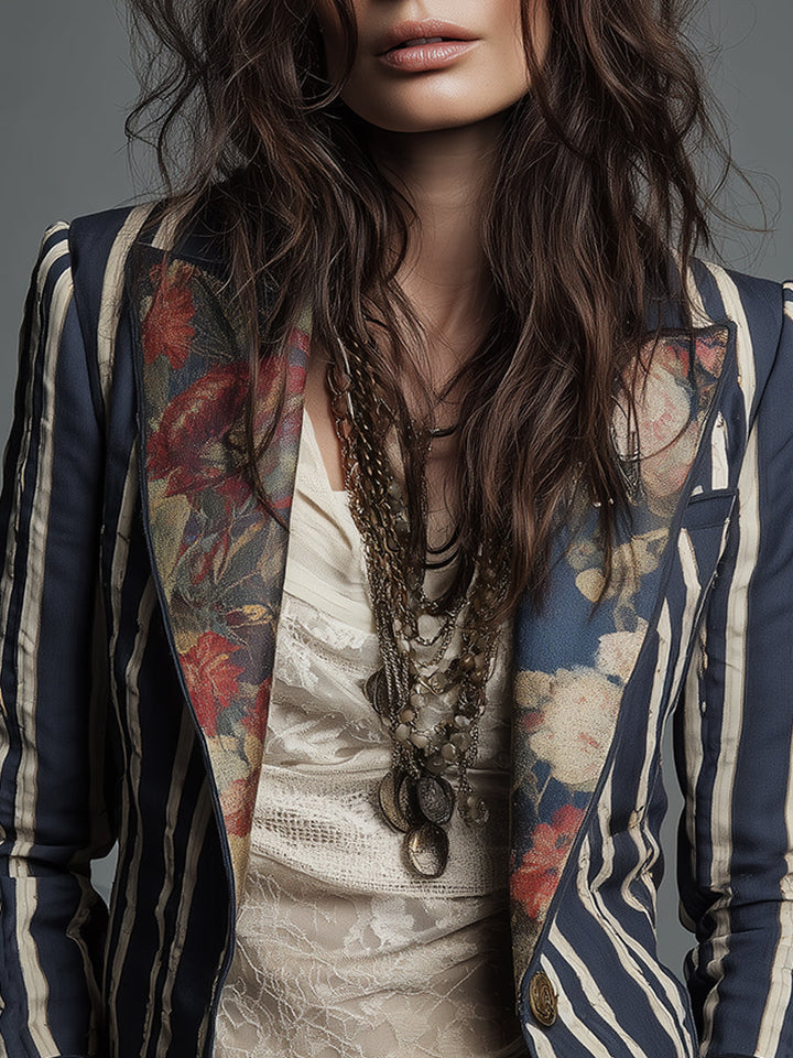 Women’s Boho Floral Striped Blazer