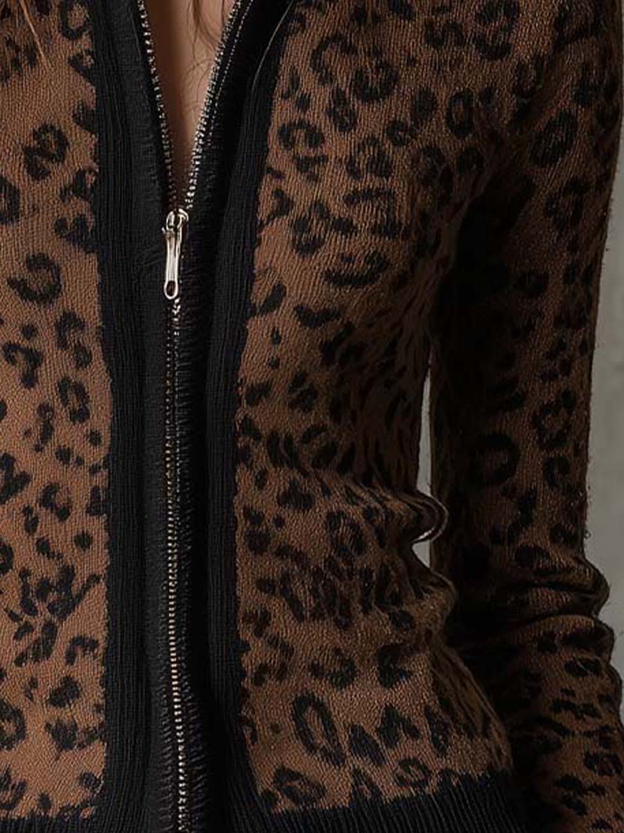 Women’s Vintage Leopard Print Slim Fit Zip Up Cardigan