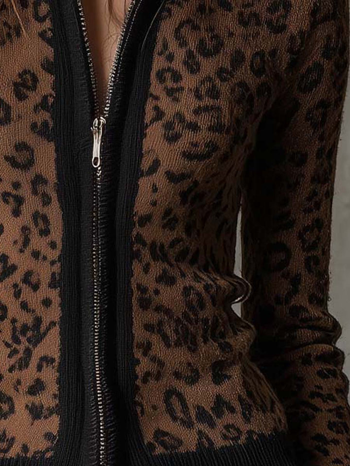 Women’s Vintage Leopard Print Slim Fit Zip Up Cardigan