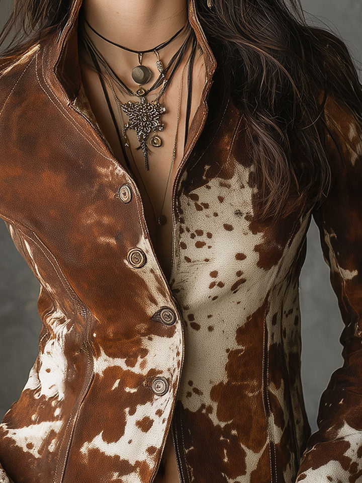 Women’s Cow Print Stand Collar Slim Jacket