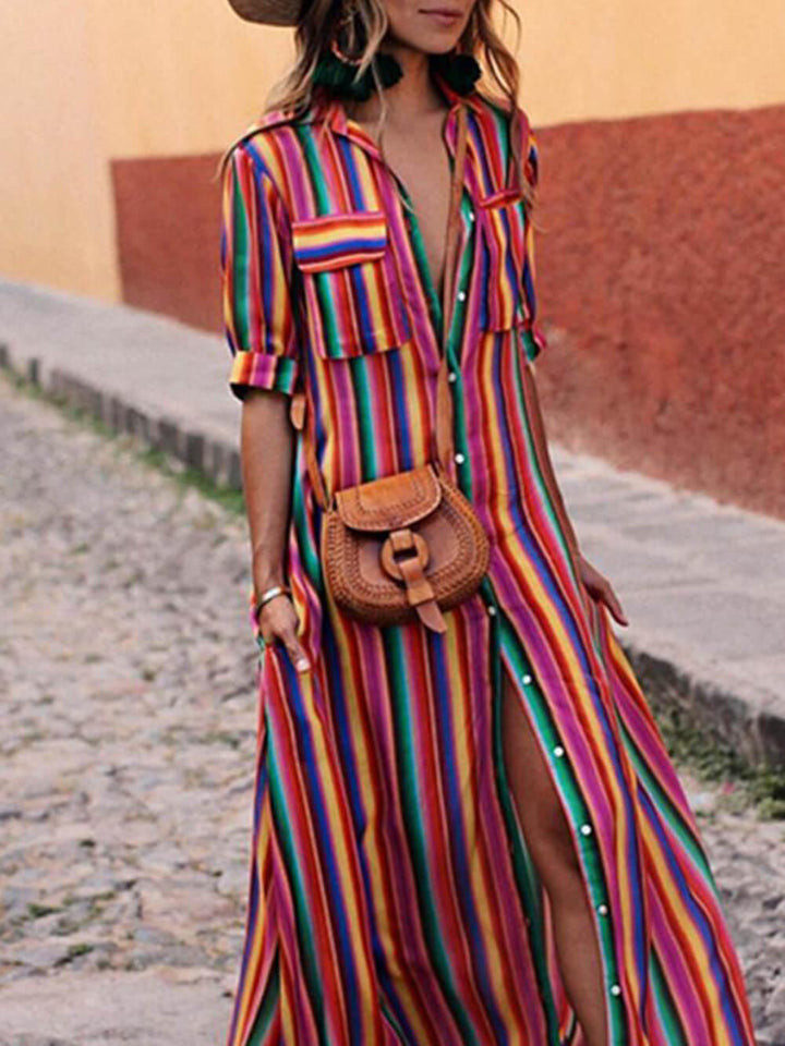 Women’s Summer Striped Two Piece Shirt And Maxi Skirt Set