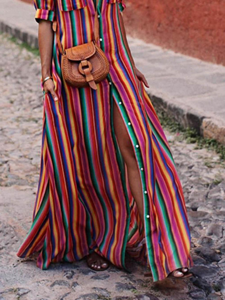 Women’s Summer Striped Two Piece Shirt And Maxi Skirt Set