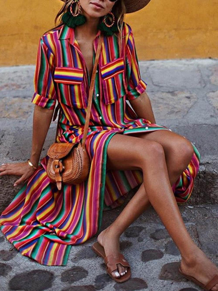 Women’s Summer Striped Two Piece Shirt And Maxi Skirt Set