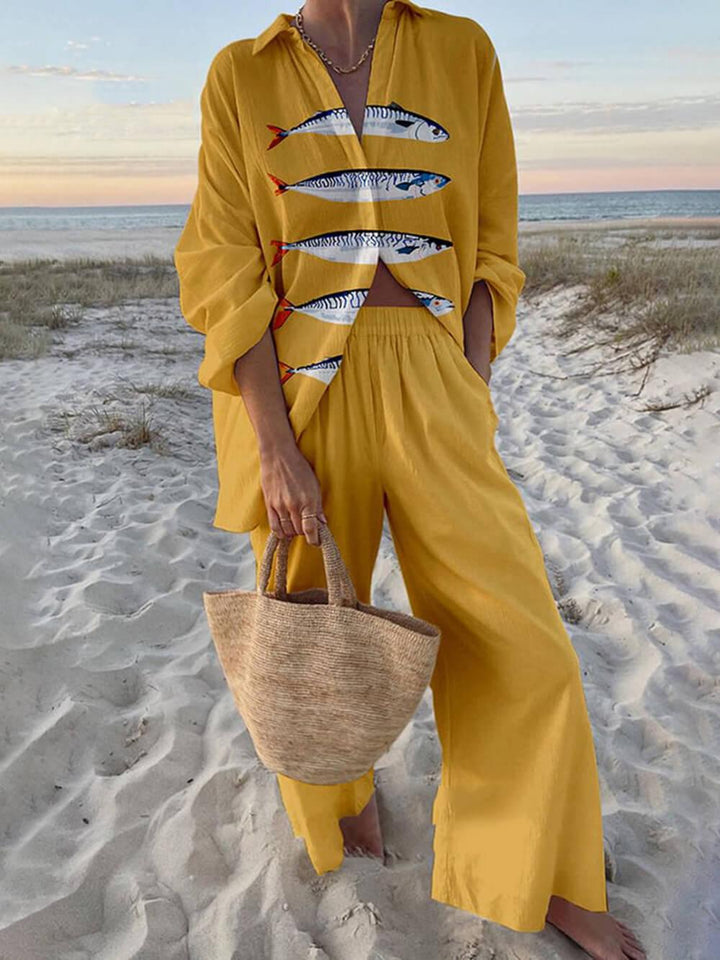 Women’s Oversized Ocean Print Shirt and Elastic Waist Pants Set