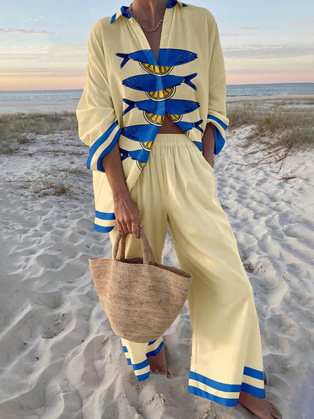 Women’s Oversized Ocean Print Shirt and Elastic Waist Pants Set