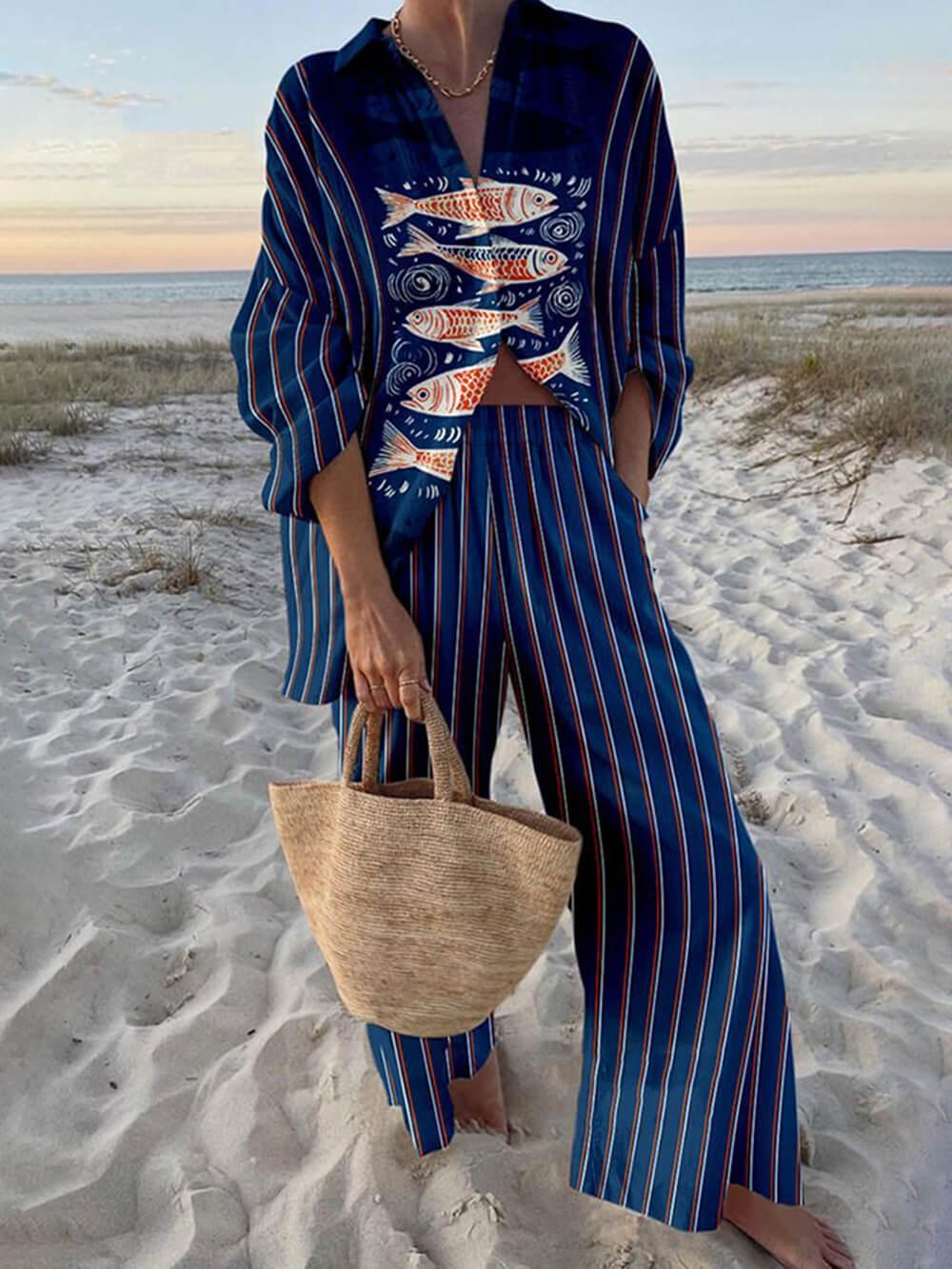 Women’s Oversized Ocean Print Shirt and Elastic Waist Pants Set