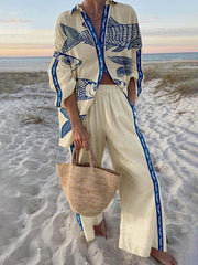 Women’s Oversized Ocean Print Shirt and Elastic Waist Pants Set