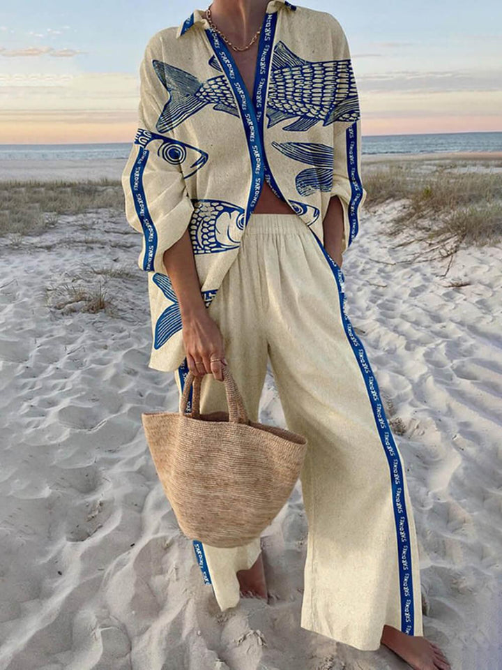 Women’s Oversized Ocean Print Shirt and Elastic Waist Pants Set
