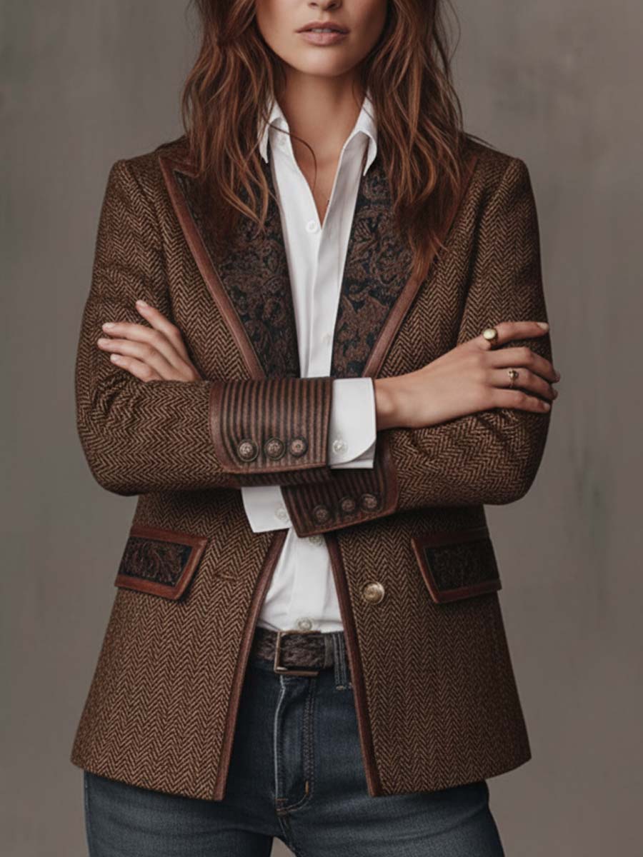 Structured shoulders and panel seams on the herringbone blazer