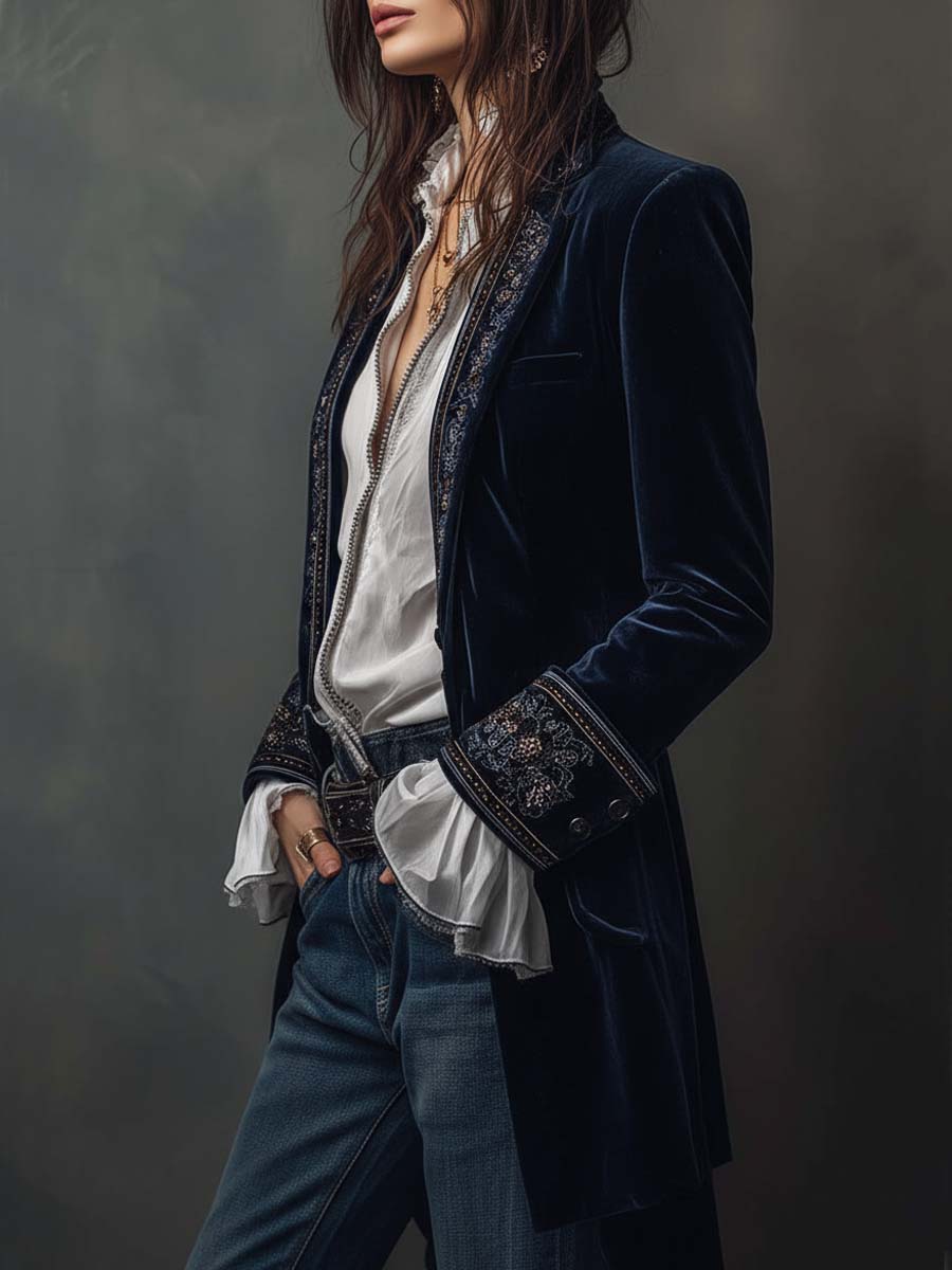 Women’s Vintage Navy Embroidered Long Jacket